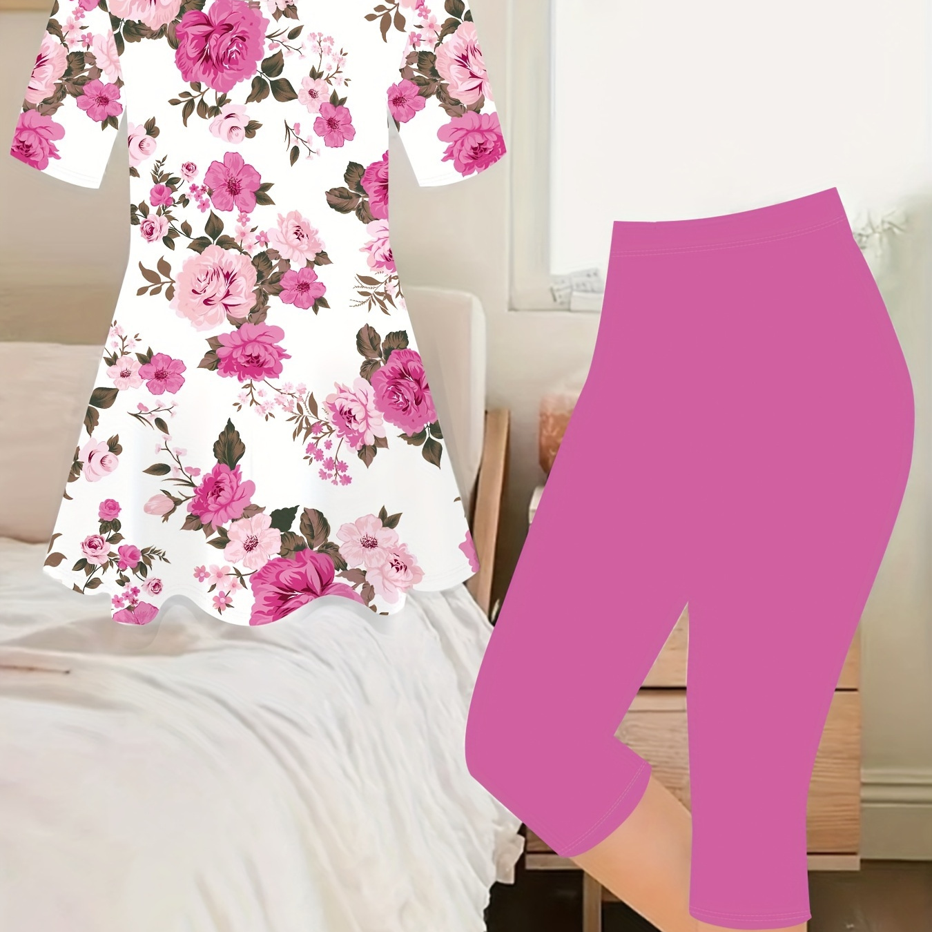 

Casual Floral Print Two-piece, Crew Neck Short Sleeve Peplum T-shirt & Skinny Capris Leggings, Women's Clothing