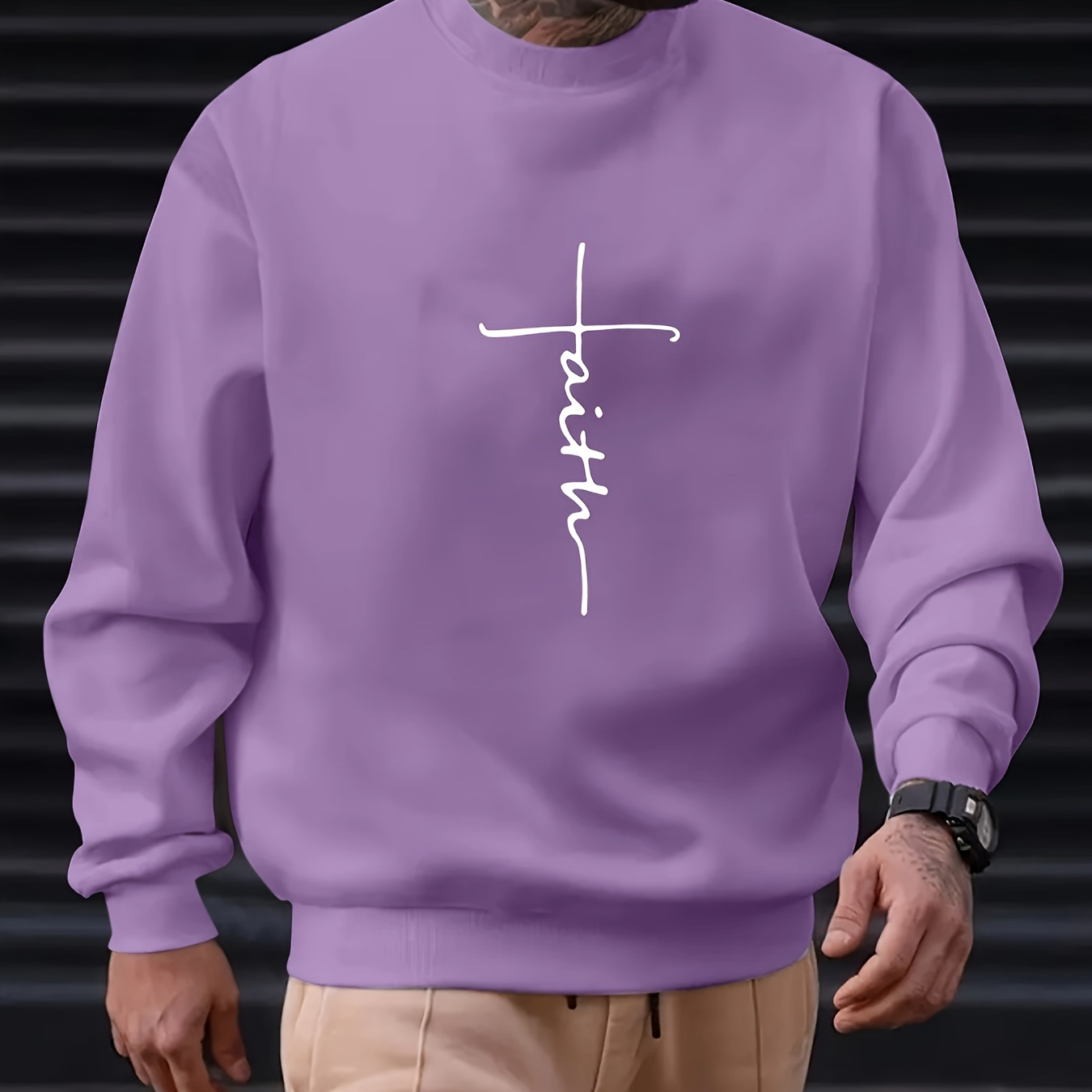 

Sweatshirt à imprimé de lettres de foi tendance, pull graphique décontracté pour hommes col rond pour l'automne et l'hiver