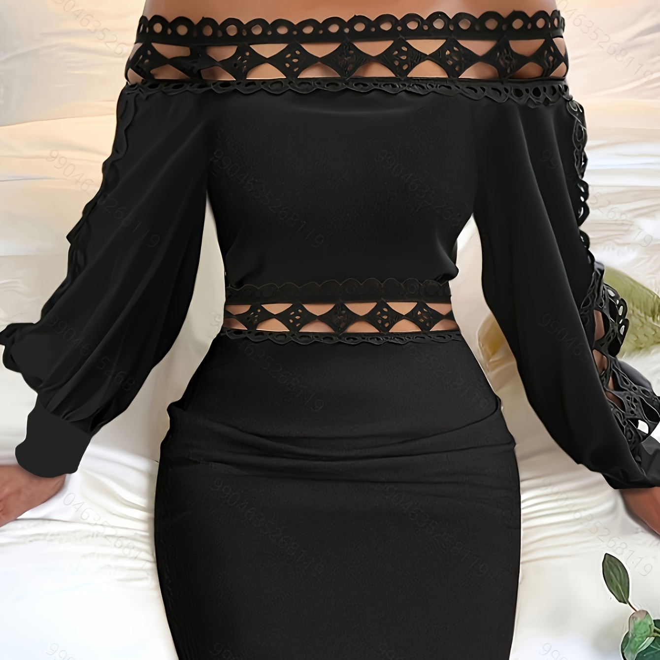 

Hollow Solid Bodycon Dress, Elegant Off Shoulder Long Sleeve Dress, Women's Clothing