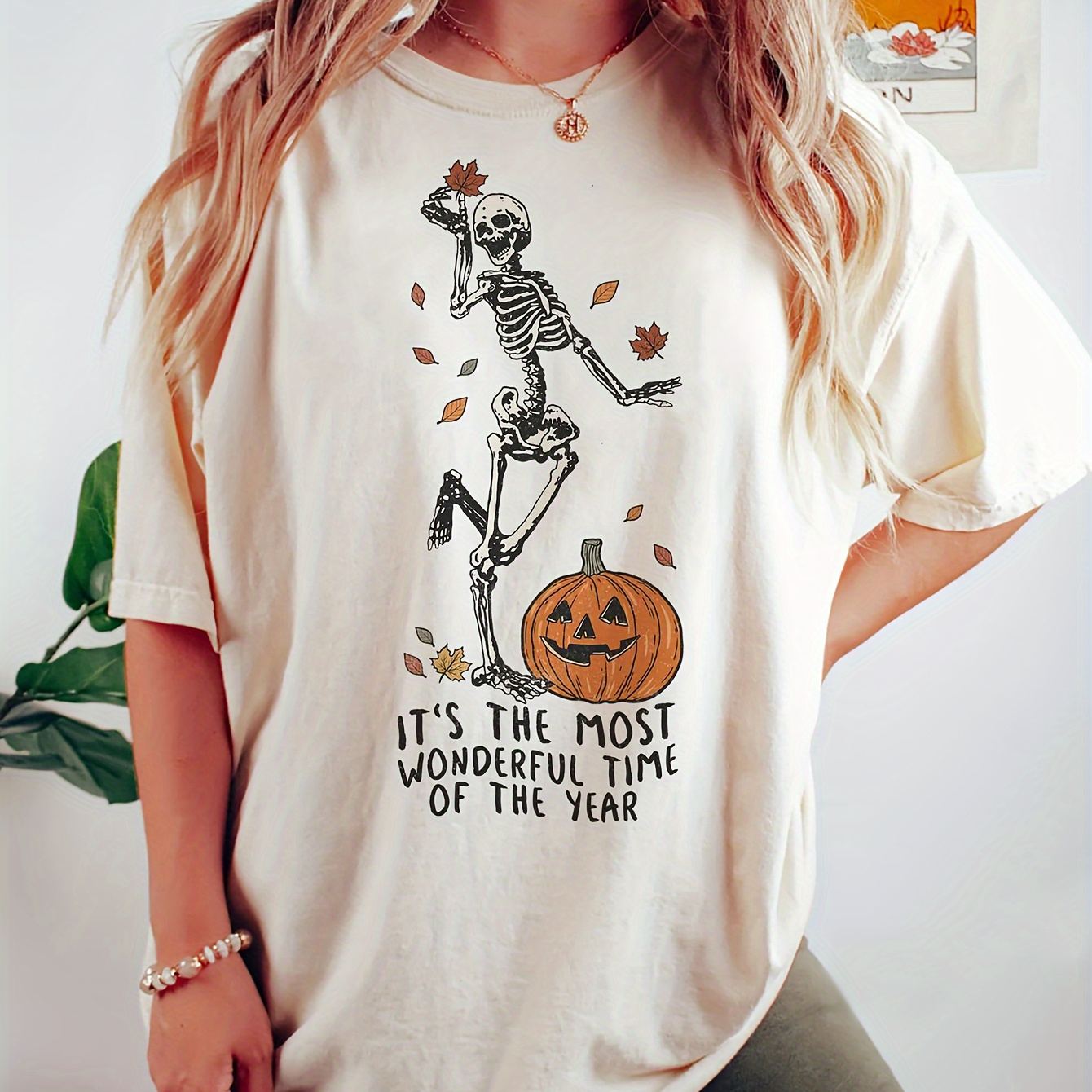 

Halloween Graphic Print Crew Neck T-shirt, Casual Drop Shoulder Loose T-shirt For Spring & Summer, Women's Clothing