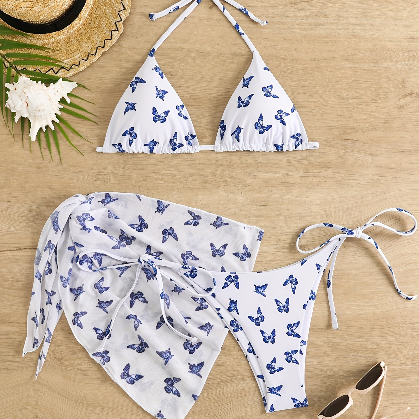 

Butterfly Print 3 Piece Set Bikini, Triangle Halter Neck High Cut With Cover Up Skirt Swimsuits, Women's Swimwear & Clothing