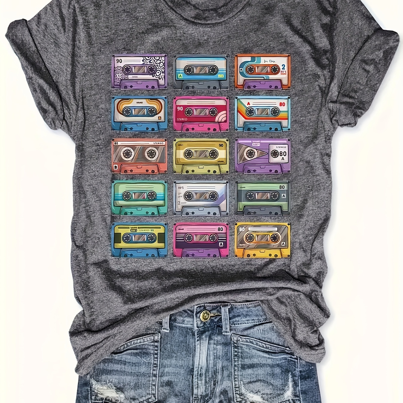 

Retro Cassette Tape Graphic Women's T-shirt - Casual & Comfy Short Sleeve, Round Neck, Loose Gray - Machine Washable, Polyester