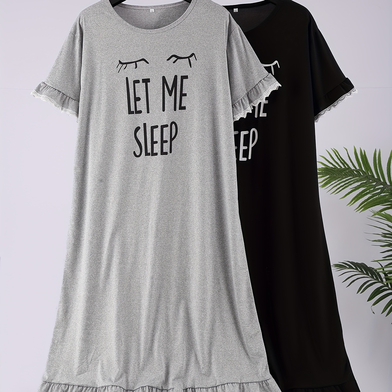 

2pcs Women's Casual Nightdress Set, Plus Size Lace Trim Eyelash & Letter Print Short Sleeve Ruffle Trim Sleep Dress