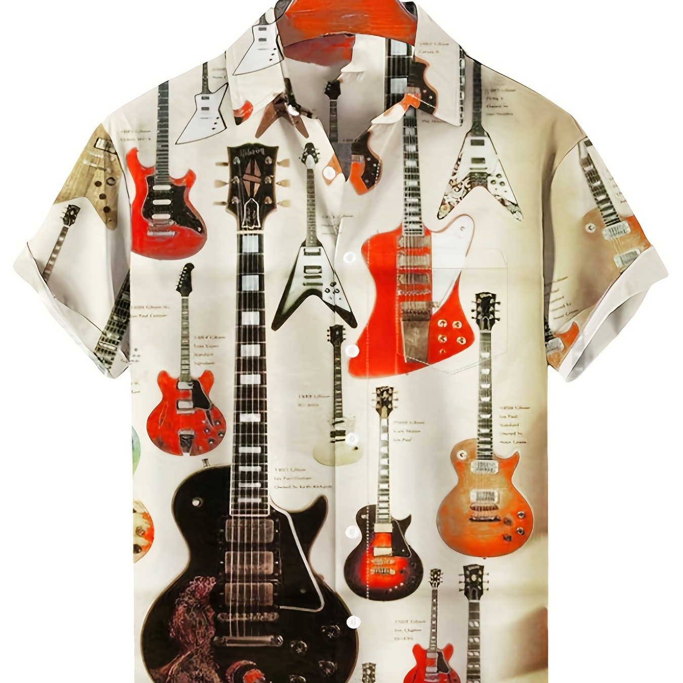 

Trendy Guitar Pattern Men's Creative Short Sleeve Lapel Shirt, Summer Party Holiday, Gift For Men