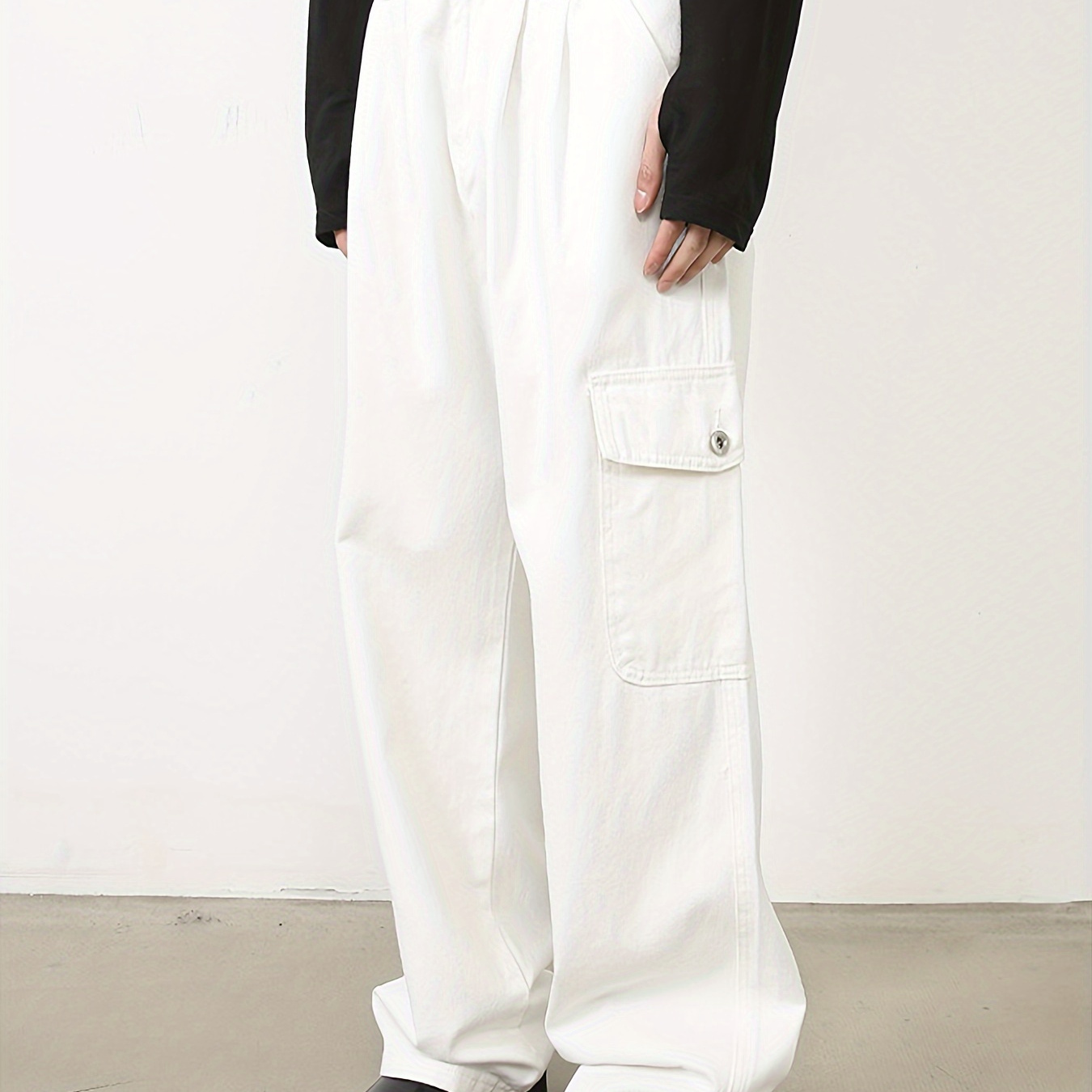 

Men's White Multi Pocket Loose Straight Leg Denim Workwear Pants, New Product, American Solid Color Trendy Casual Pants