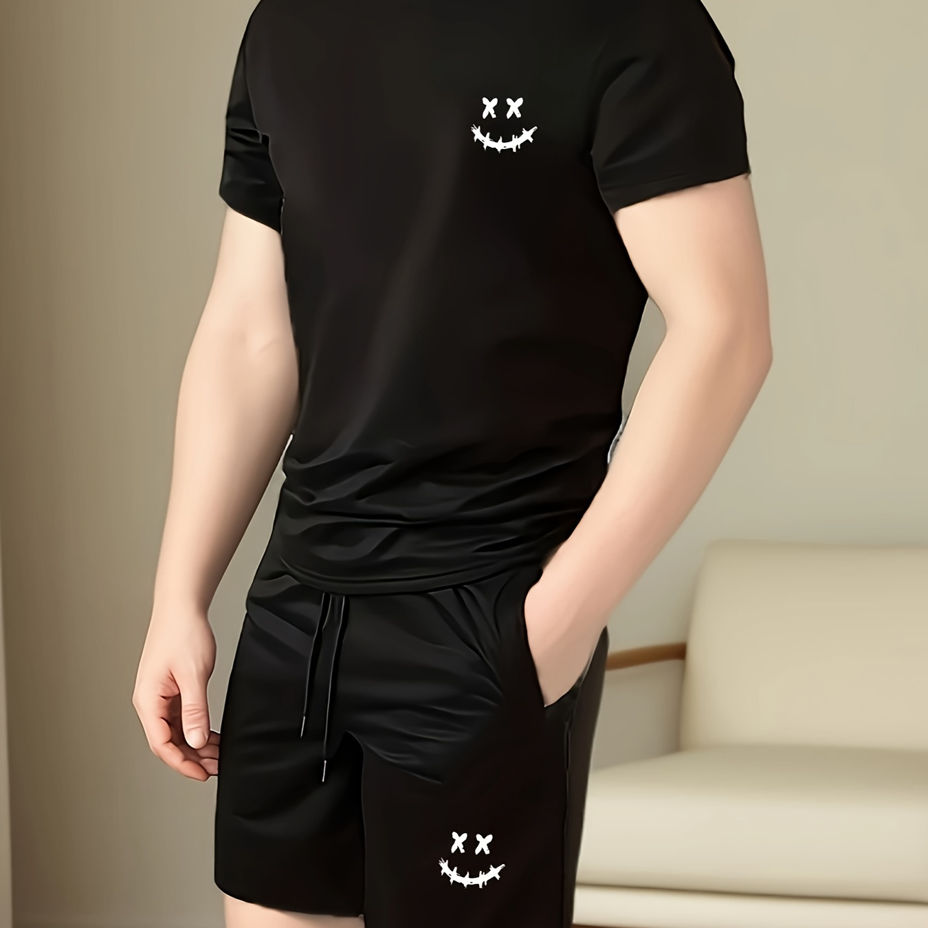 

2 Pcs Men's Smile Face Simple Cute Print Short Sleeve T-shirts & Shorts Pajama Sets, Comfortable & Skin-friendly Style Pajamas For Men's Cozy Loungewear
