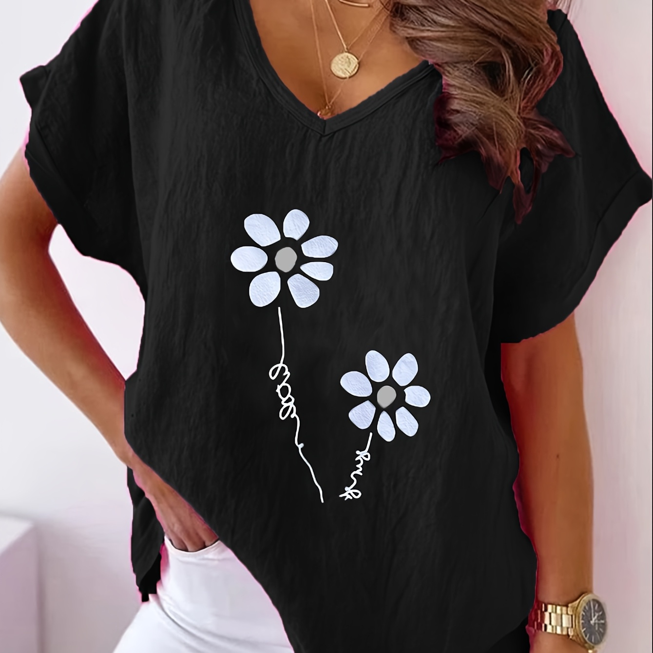 

Women's Plus Size Floral Print T-shirt, Casual V-neck Polyester Tee With Elastane, Non-stretch Woven Fabric, Spring/summer Fashion Top