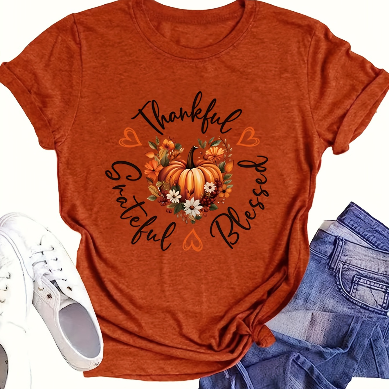 

Pumpkin Neck T-shirt, Casual Short Sleeve T-shirt For , Women's Clothing