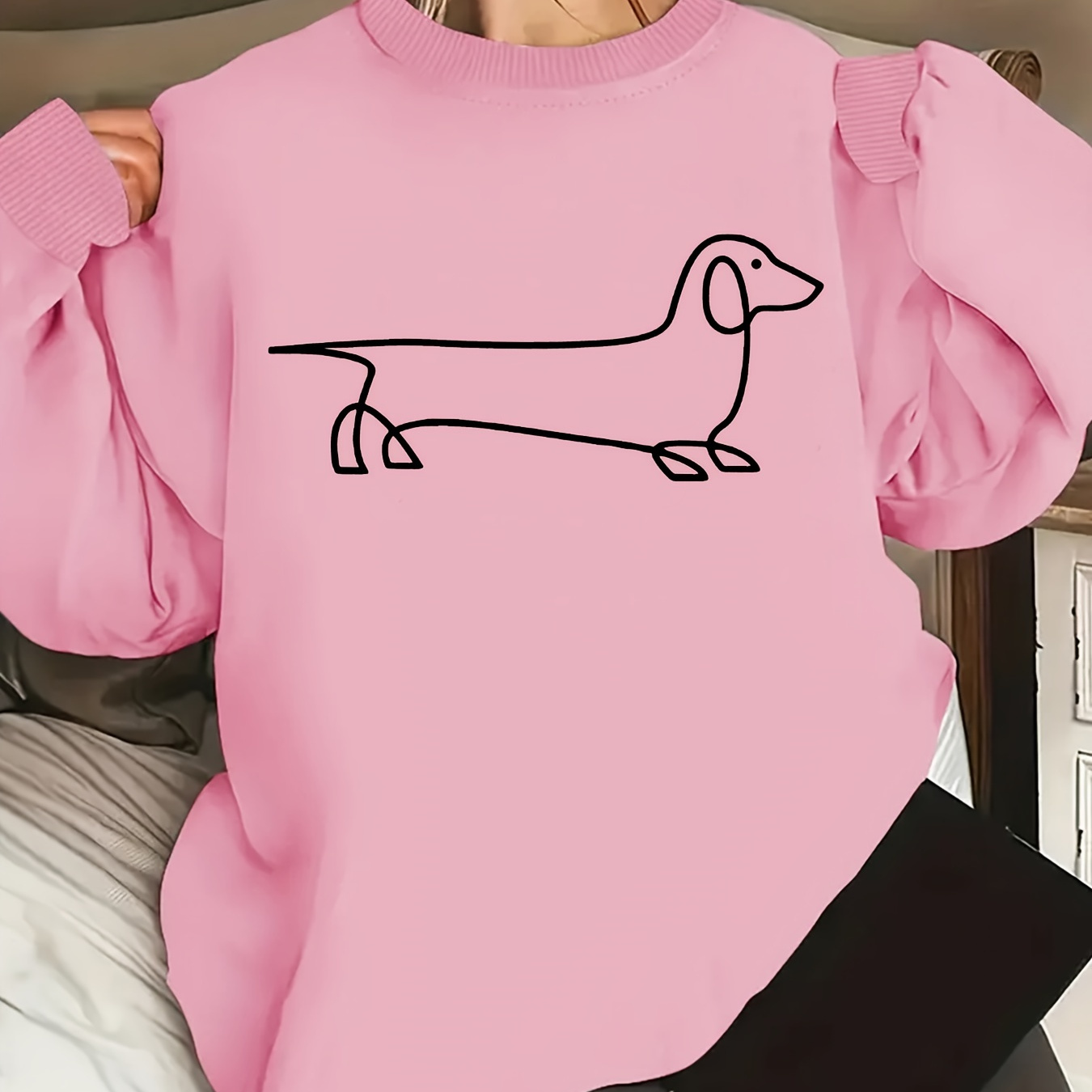

Dog Print Versatile Round Neck Sweatshirt, Long Sleeves Casual Pullover Tops, Women's Activewear