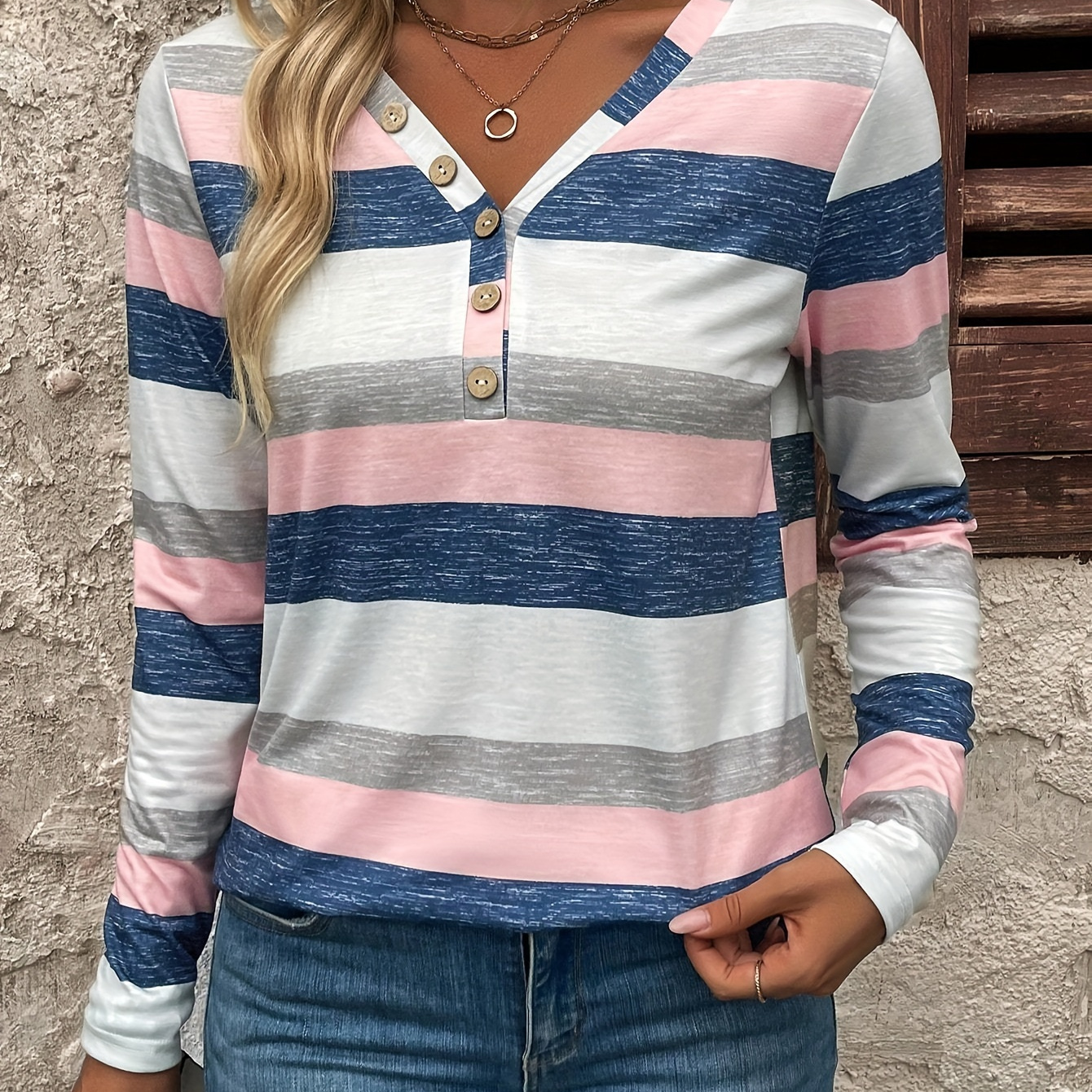 

Women's Casual Striped V-neck Button Detail T-shirt - Polyester Blend, Knit Fabric, Long Sleeve, Regular Fit For Fall/winter