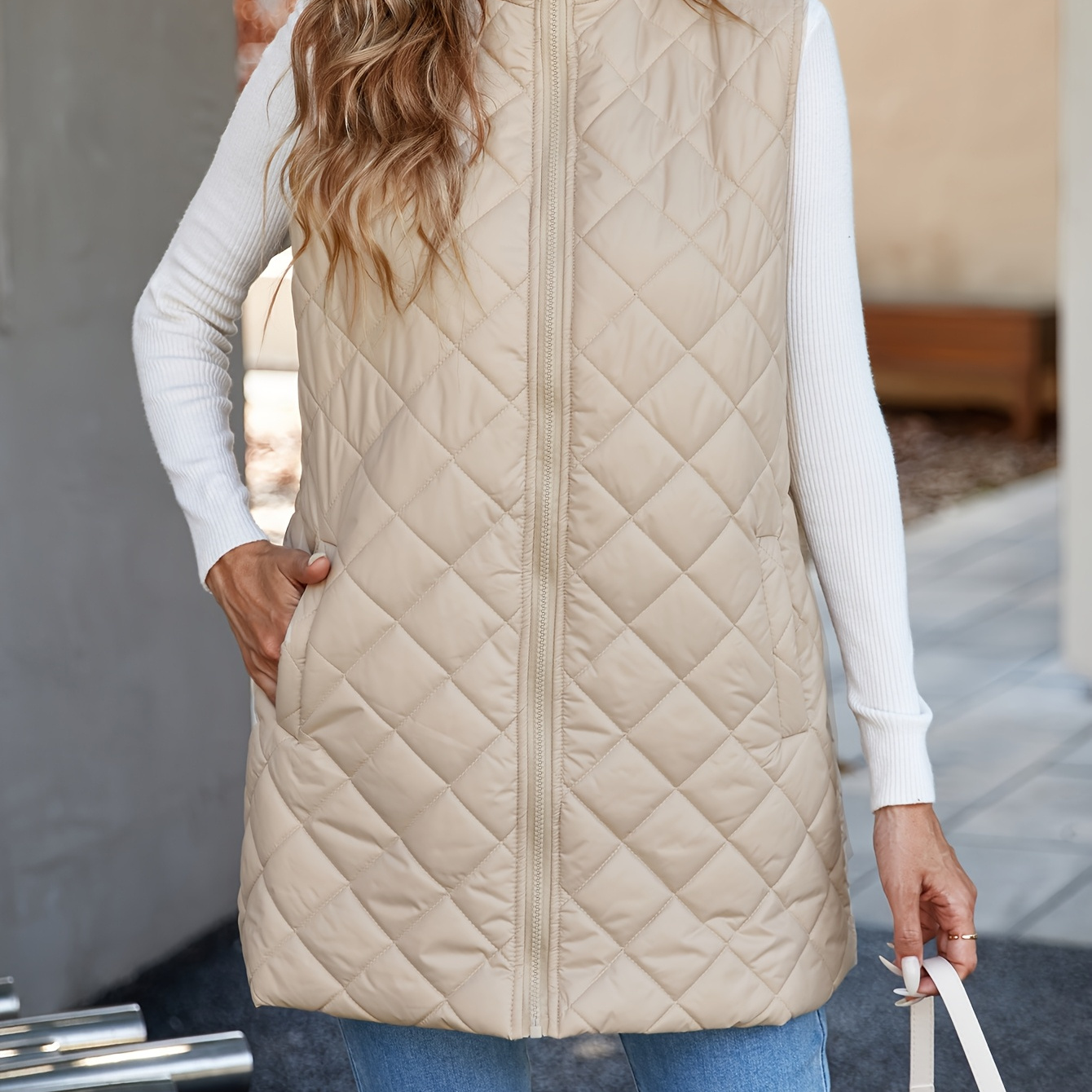 

Solid Color Quilted Zip Up Vest Jacket, Casual Sleeveless Warm Gilet Jacket For Fall & Winter, Women's Clothing