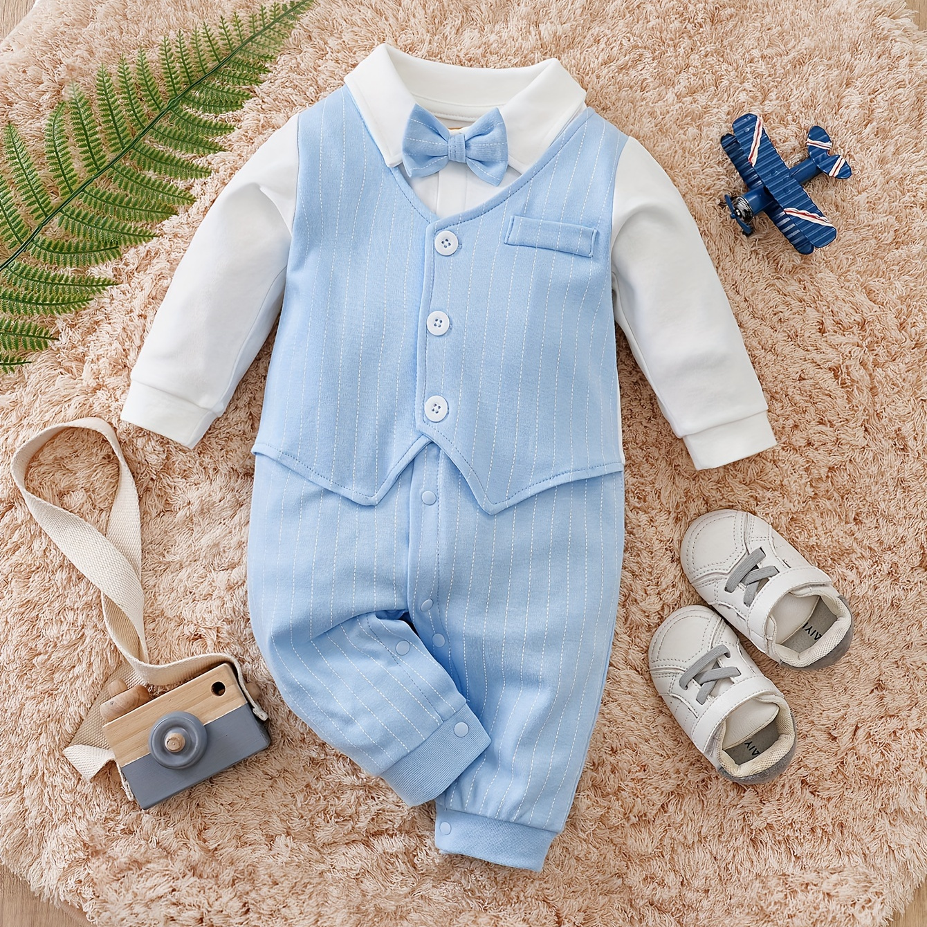 

Baby Boys Gentleman Style Romper With Bow Tie, Faux Vest Long Sleeve Bodysuit, Pure Cotton Comfortable Onesie For Spring Fall