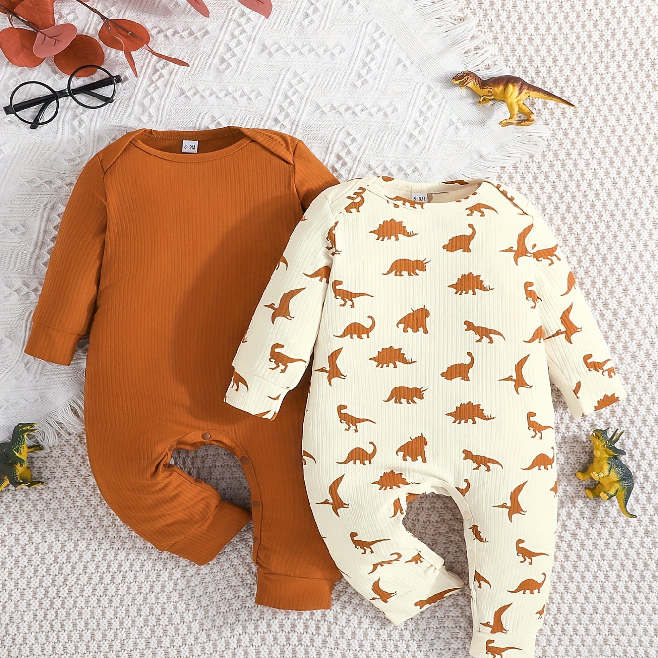 

2pcs Solid Color + Dinosaur Print Baby Boys Casual Long Leg Onesies Jumpsuits Set For Spring And Autumn