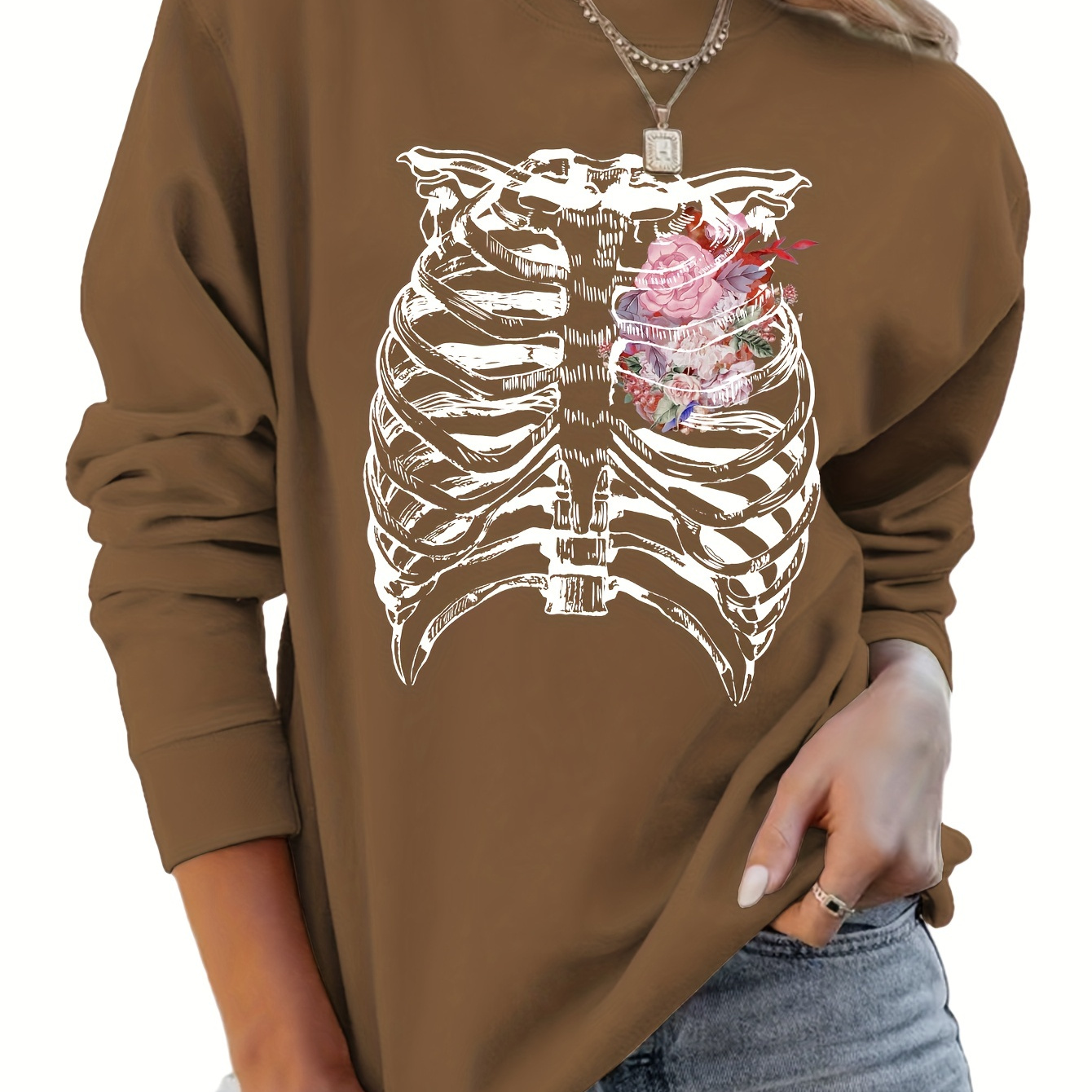 TEMU Skeleton & Pullover Sweatshirt, Casual Crew Neck Long Sleeve Sweatshirt For Spring & Fall, Women's Clothing