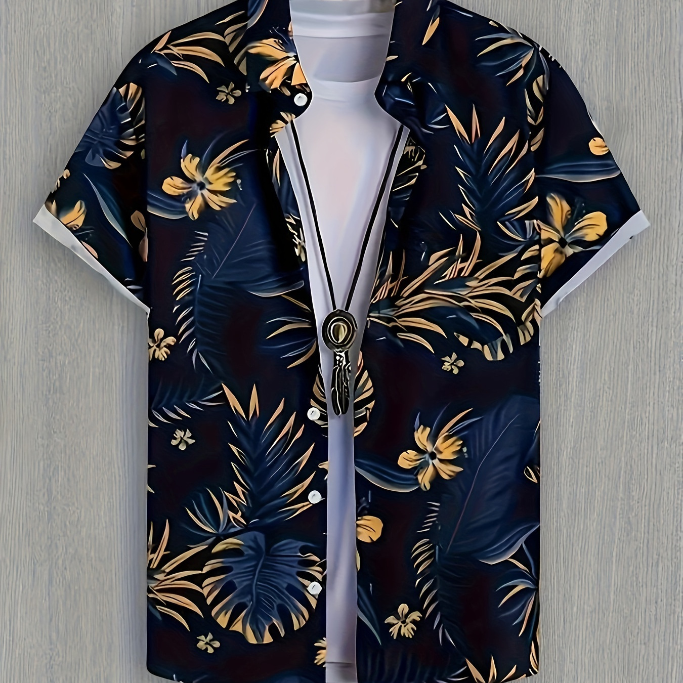 

Men's Short Sleeve Button Up Leaf Pattern Print Shirt, Casual Summer Hawaiian Style, Daily Vacation Beachwear For Men
