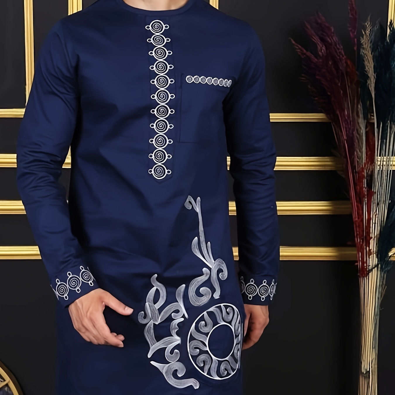 

Men's African 2 Pieces Set Long Sleeve Geometric Print And Drawstring Solid Pants Outfit Traditional Suit