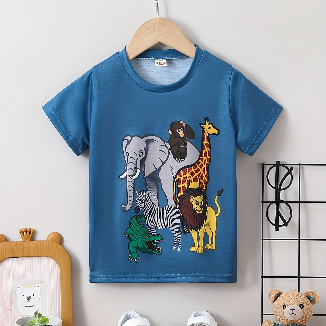 

Cartoon Animal Print T-shirt, Casual Short Sleeve Creative Versatile Top, Boy's Spring Summer Clothing