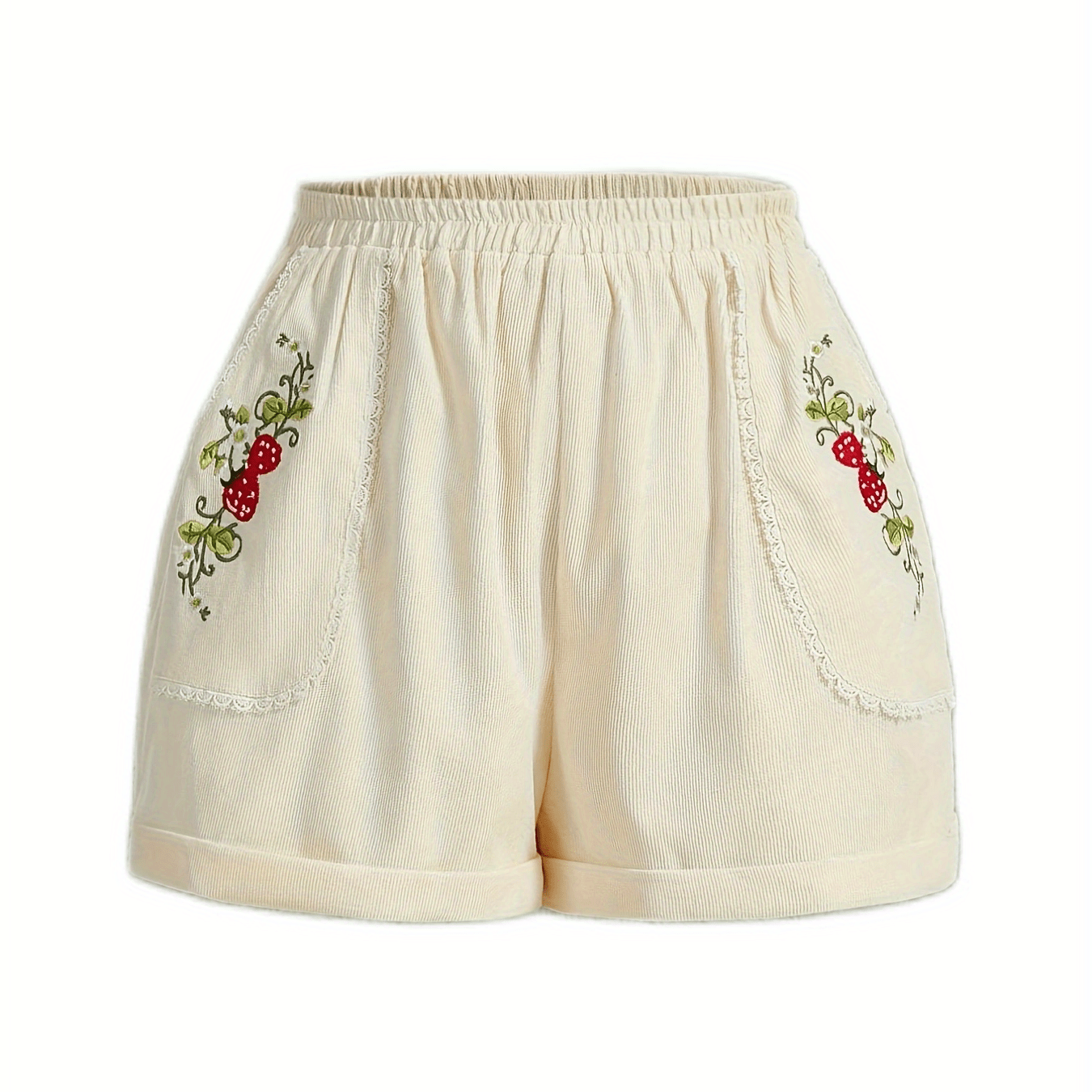 

Strawberry Elastic Waist Shorts, Casual Shorts For Spring & Summer, Women's Clothing