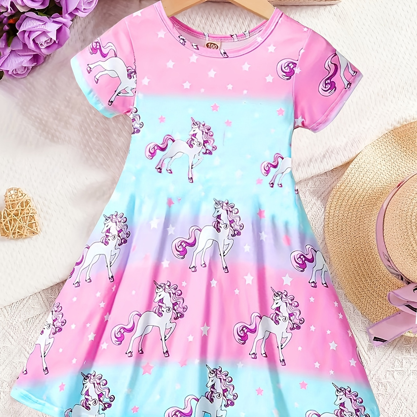 

Colorful Starry Unicorn Full Print Short Sleeve Comfy Dress, Girls Casual Dresses Holiday Summer Gift