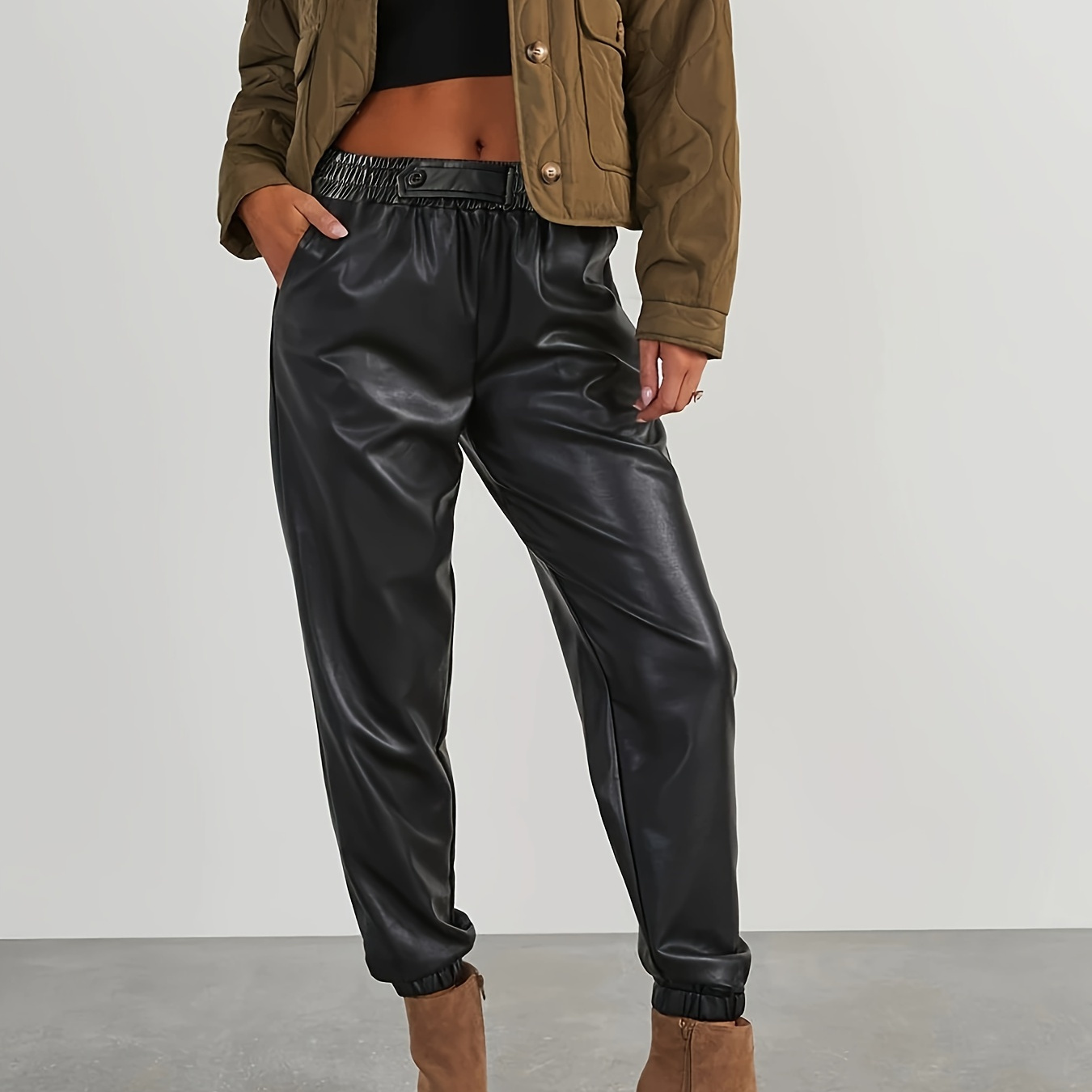 

Women' Pu Leather Joggers With Waist And Front Button Closure, Casual Sporty Pants