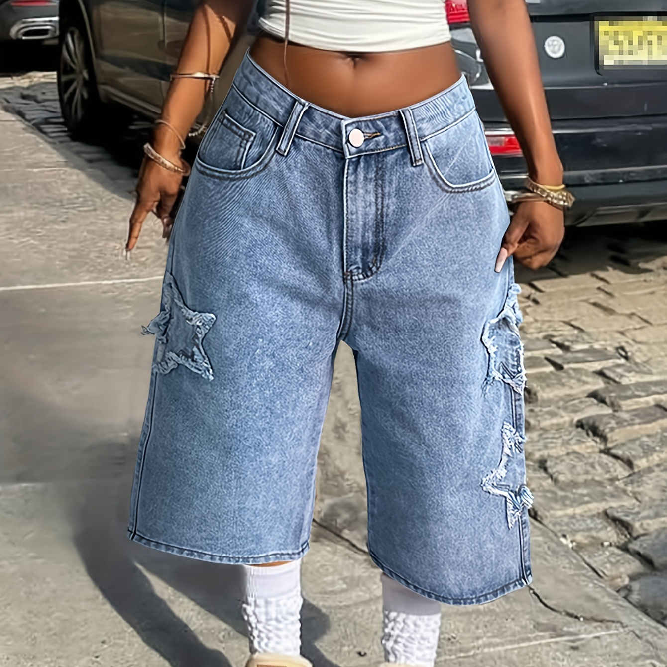 

Star Patchwork Baggy Street Vintage Style Loose Fit Denim Shorts, Women's Denim Jeans & Clothing