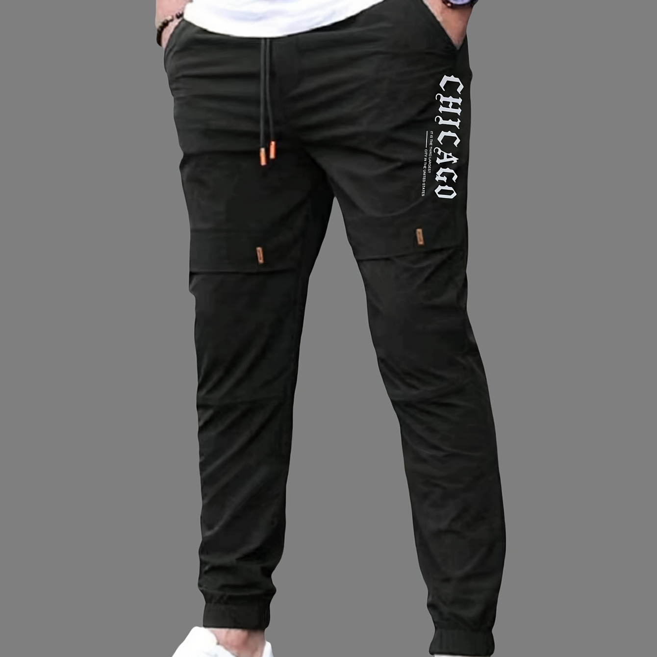 

Men's Casual Drawstring Joggers, 100% Polyester Non-stretch Woven Fabric, Regular Fit Trousers With Alphabet Print Detail, Fashionable Workwear Style