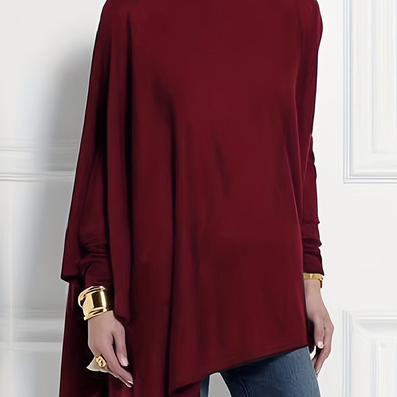 

Solid Turtle Neck Asymmetric Hem Top, Elegant Long Sleeve Loose Top For Spring & Fall, Women's Clothing