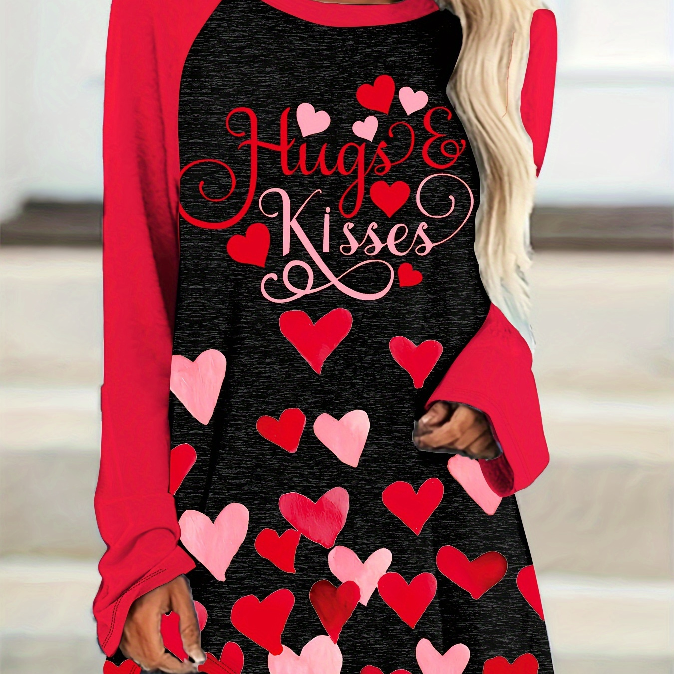 

Plus Size Hugs & Heart Print T-shirt, Polyester , Crew Neck, Medium Stretch Knit Fabric, Casual Long Sleeve Top For All