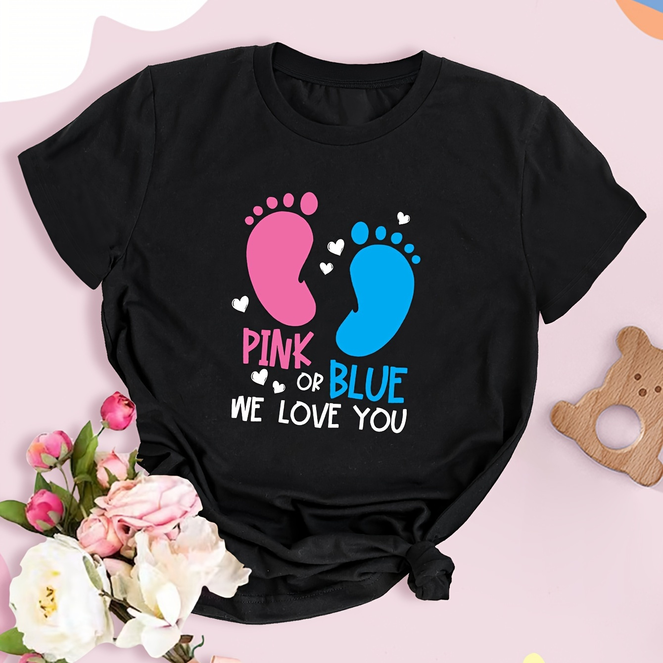 

Baby Footprint Graphic Short Sleeve Sports Tee, Round Neck Causal Workout T-shirt, Women's Activewear
