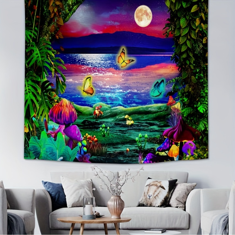 1pc Fantasy Forest Tapestry Trippy Aesthetic Mushroom Tapestry Reactive  Butterfly Tapestries Galaxy Moon Space Tapestry Wall Hanging For Bedroom