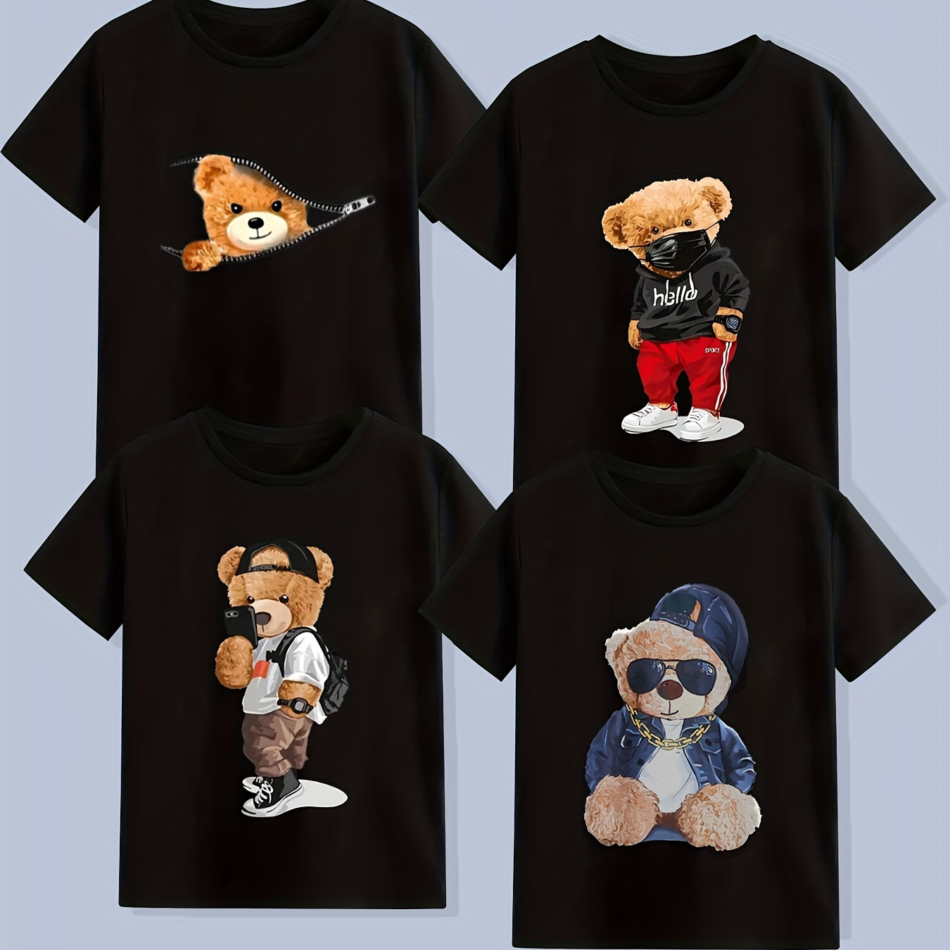 

4-pack Boys Summer Fashion Hip-hop Bear Print T-shirts, Casual Comfort Crew Neck Tees For Kids
