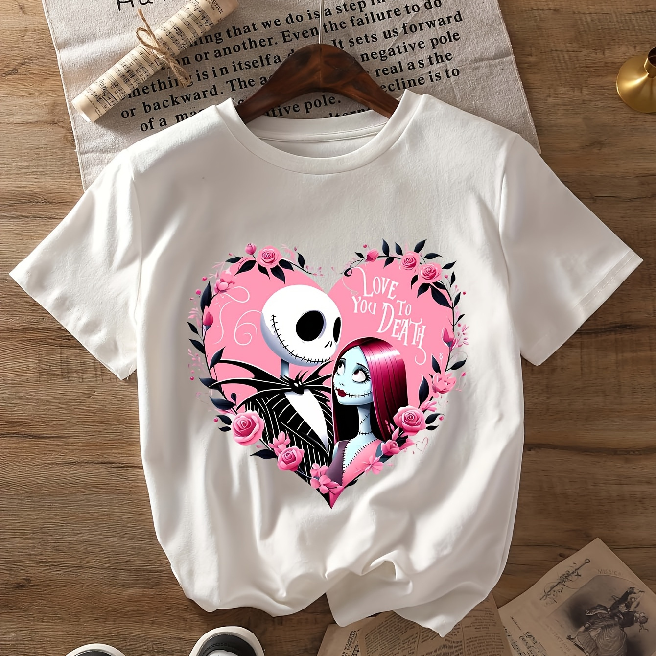 

Women's " Before Christmas" Tee - Pink Casual Crew Neck Short Sleeve Top With Cartoon Couple & , Soft Polyester ,