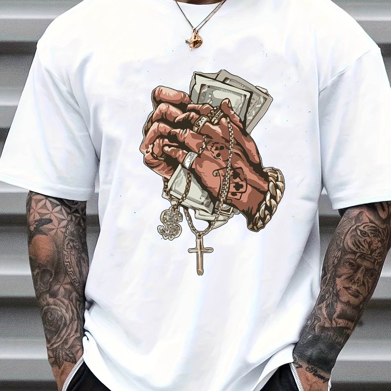 Hands Money Print, Men's T-shirt, Round Neck Short Sleeve Tops, Patterned T-shirt, Men's Summer Wear, Men's Clothing