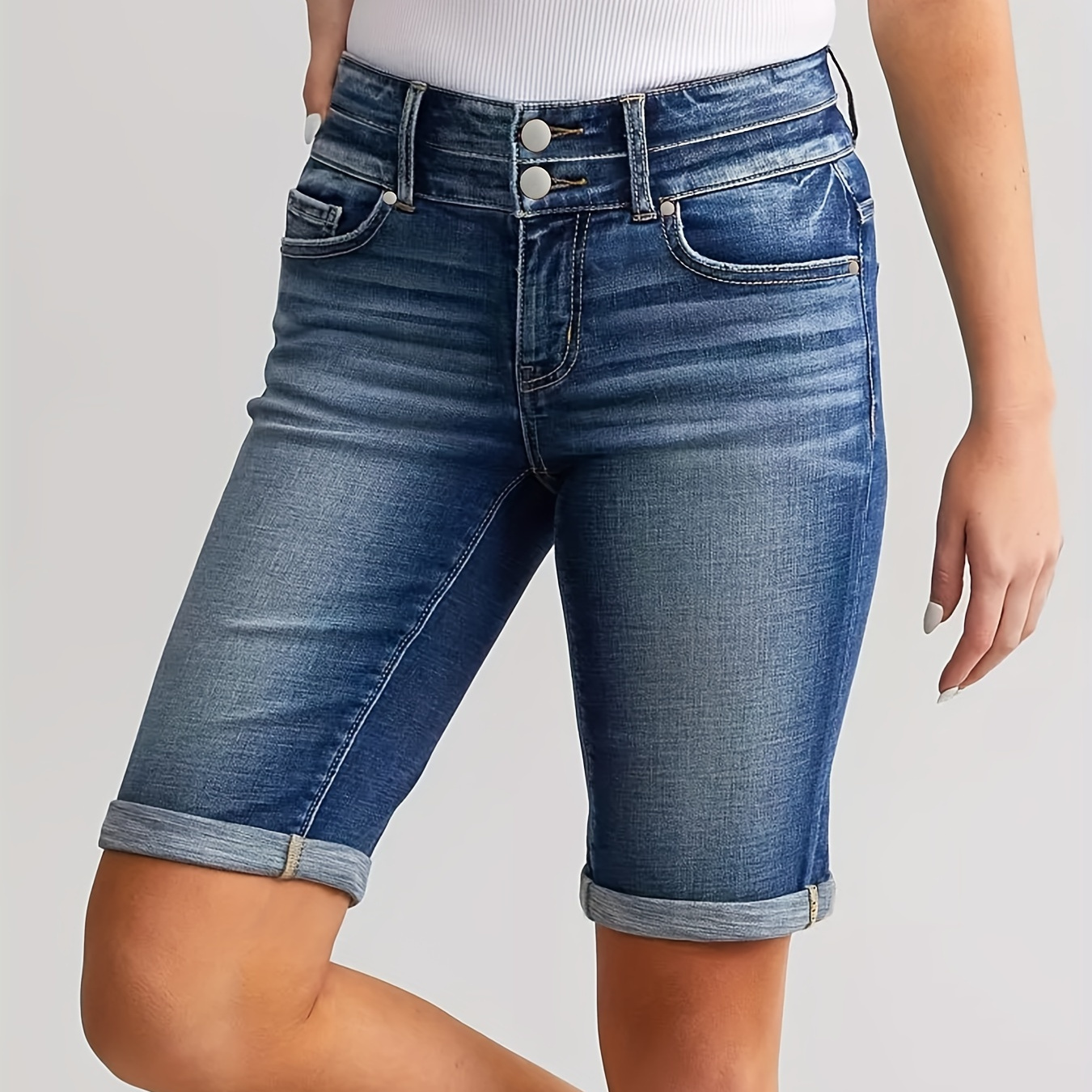 

Women's Casual Distressed Denim Knee-length Bermuda Roll Up Hem Shorts With Double Buttons Detail And Ripped Accents – Stylish Mid-thigh Jeans For Summer