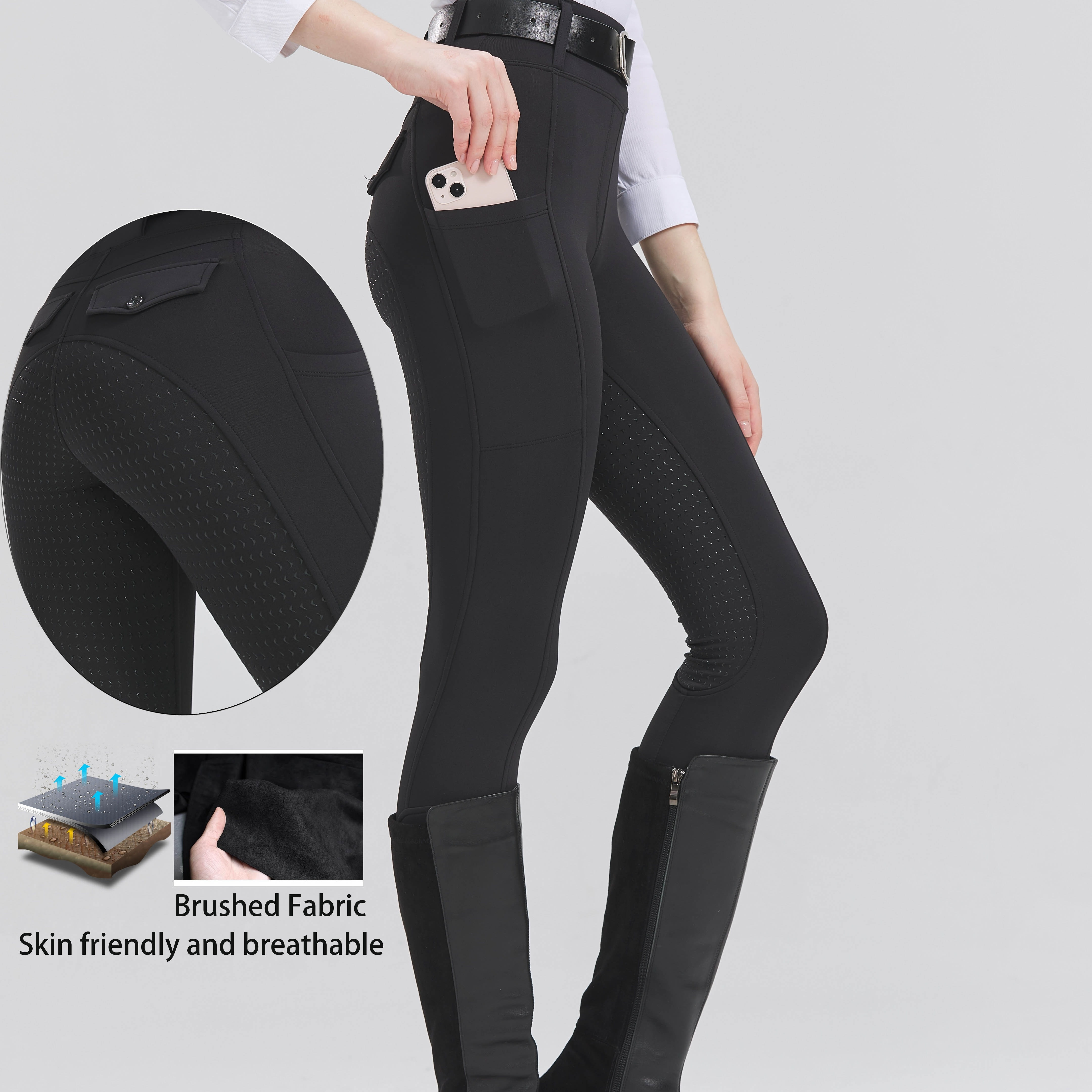 

High- Brushed Fabric Equestrian Pants With Silicone Grip, Horse Riding Tights With Pockets, Breathable And