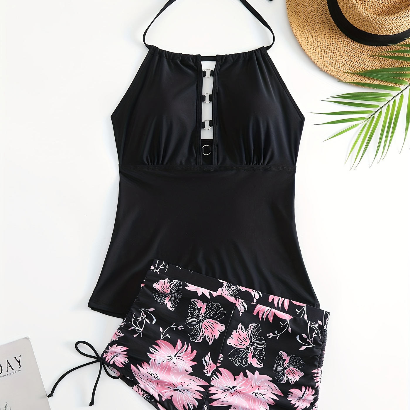 

Floral Pattern Ring-linked Tankini Sets, Halter Round Neck Drawstring Tie Side Boxer Short Bottom 2 Pieces Swimsuit, Women's Swimwear & Clothing