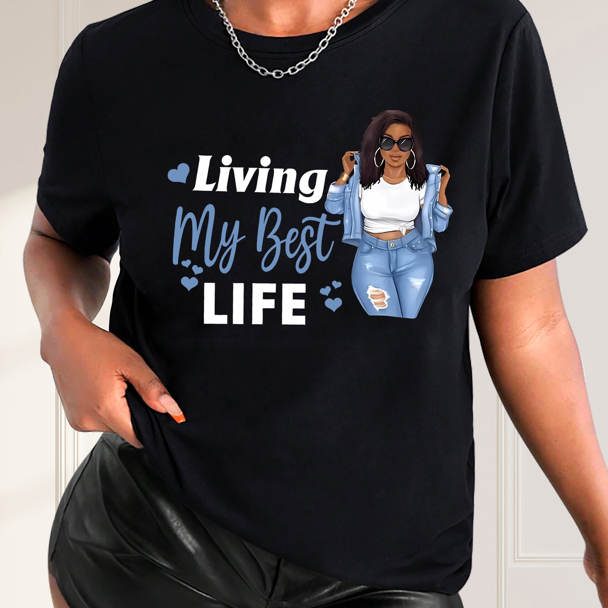 

Living My Best Life & Women Graphic Short Sleeves Sports Tee, Round Neck Workout Causal T-shirt Top, Women's Activewear