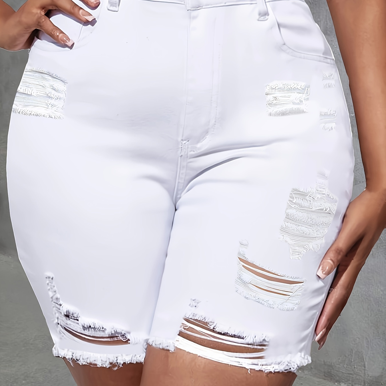

Women's Plus Size Plain White Distressed Fashionable Bermuda Shorts, Casual Style, Frayed Hem Detail