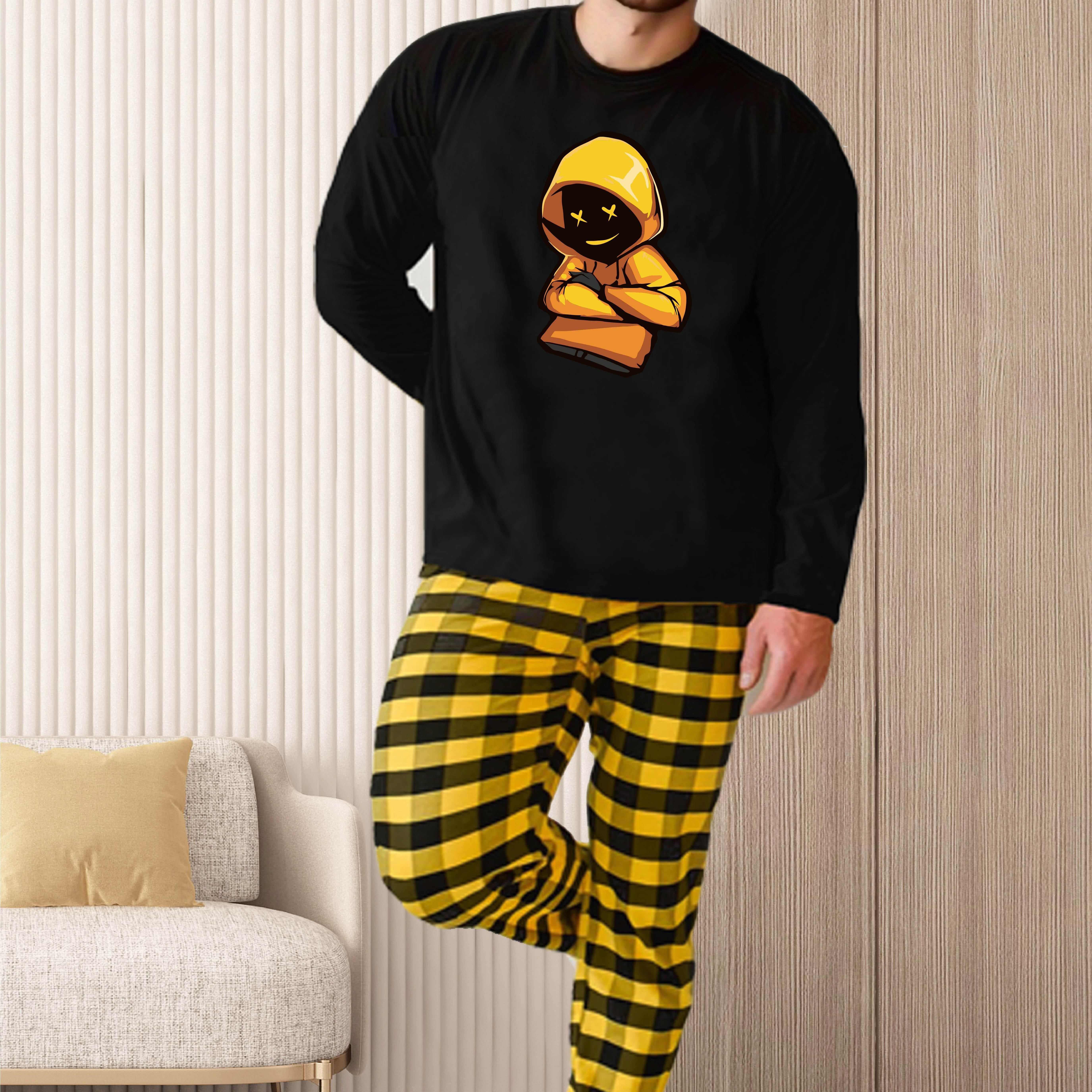 

Men's Pajama Set, Cool Man Pattern Casual Crew Neck Long Sleeve T-shirt & Checkered Pattern Trousers 2-piece Set For Home Wear