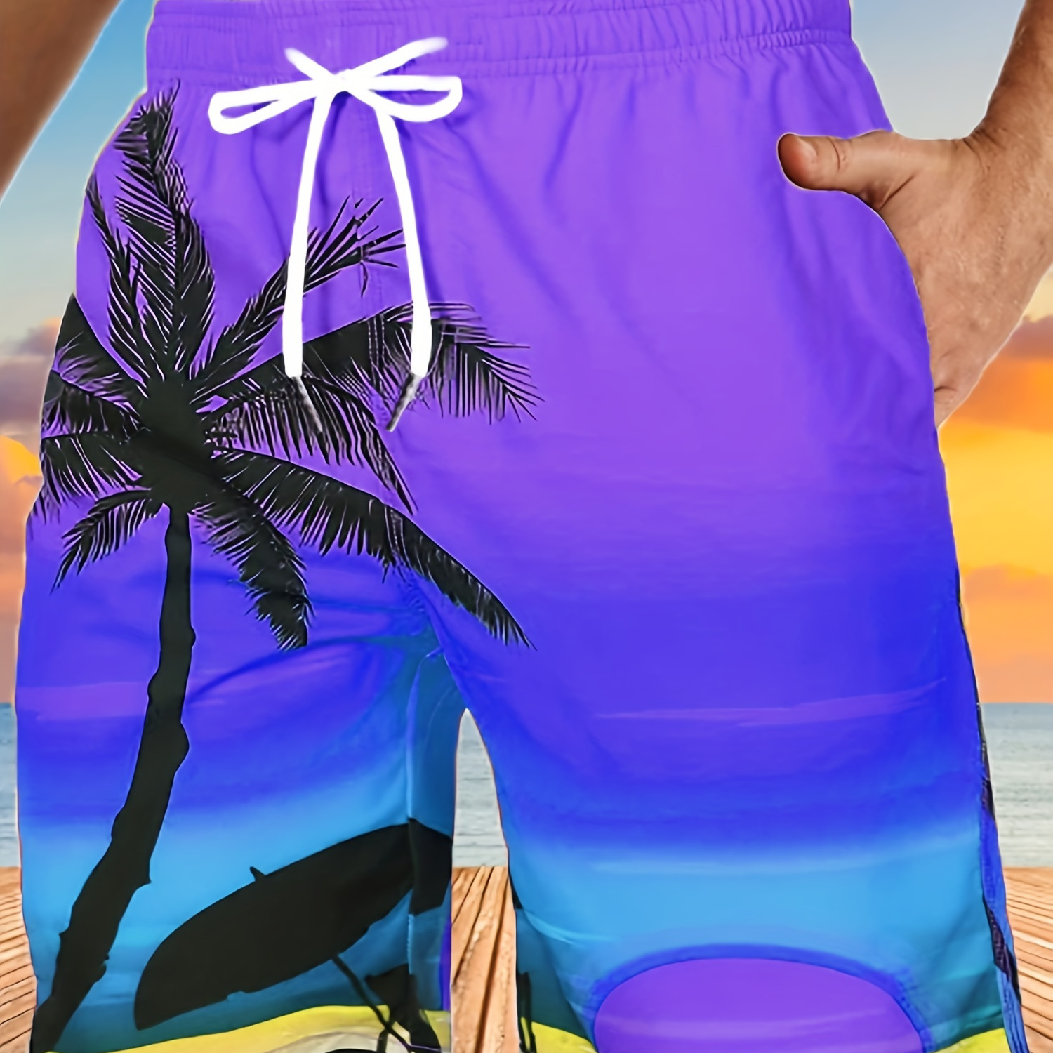 

3d Coconut Tree Print Beach Shorts, Quick-drying Drawstring Swim Trunks, Swim Shorts For Summer Beach Pool, Men's Swimwear Plus Size