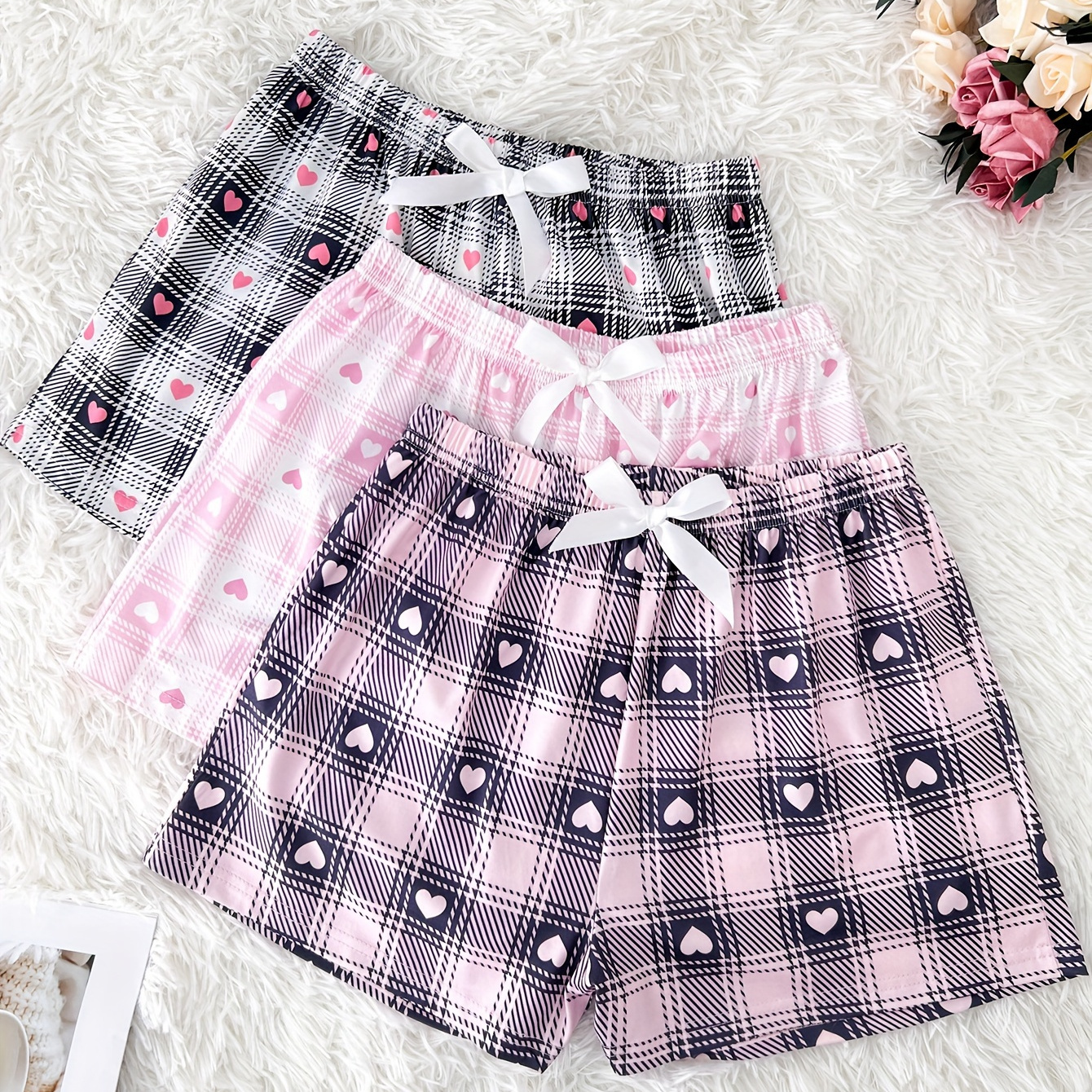 

3-pack Cute Plaid Soft Breathable Comfortable Women's Home Lounge Shorts With Satin Ribbon Tie Detail