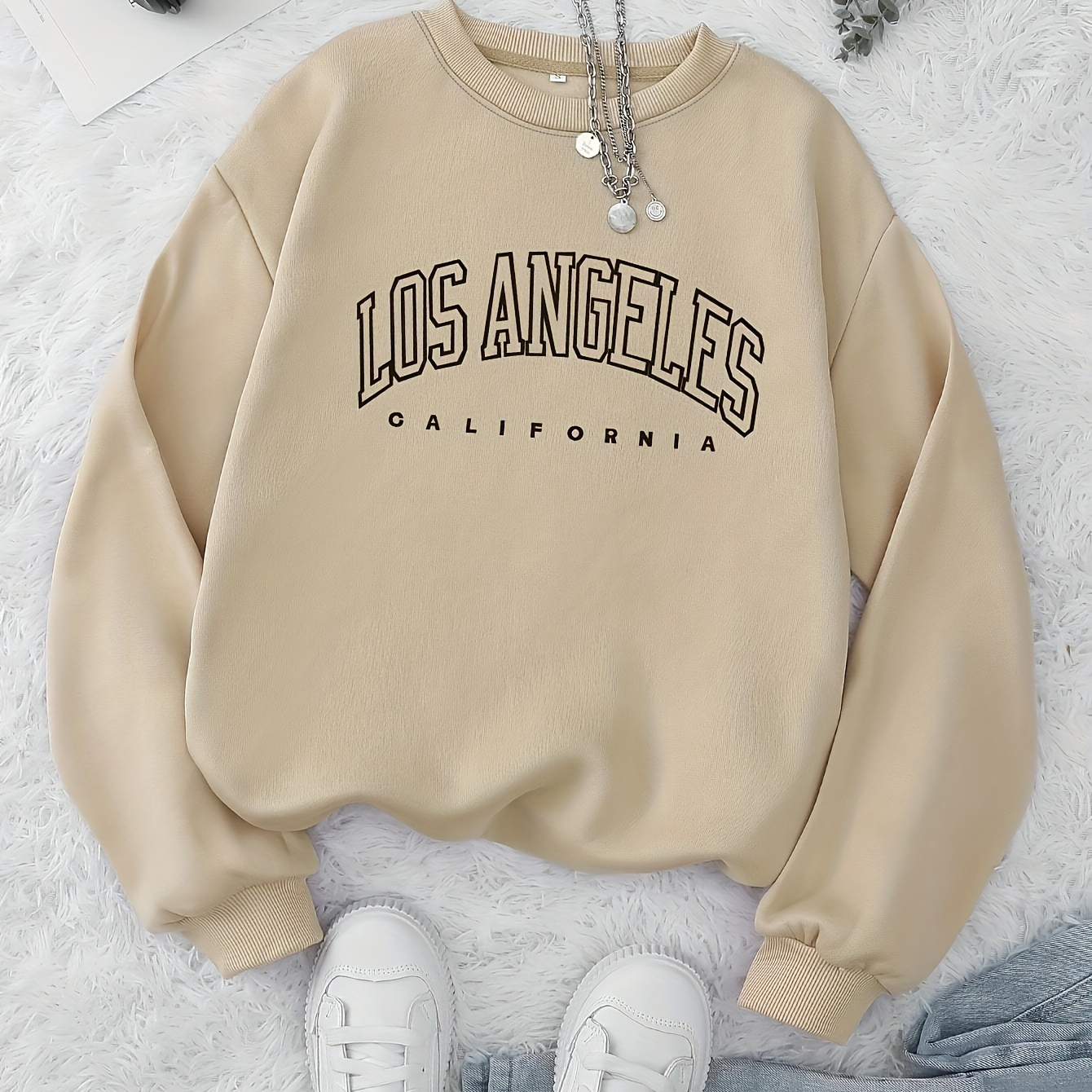 

Women's Casual Long Sleeve Pullover Sweatshirt, "los Angeles California" Letter Print, Polyester, Round Neck, Autumn/, Knit Fabric,