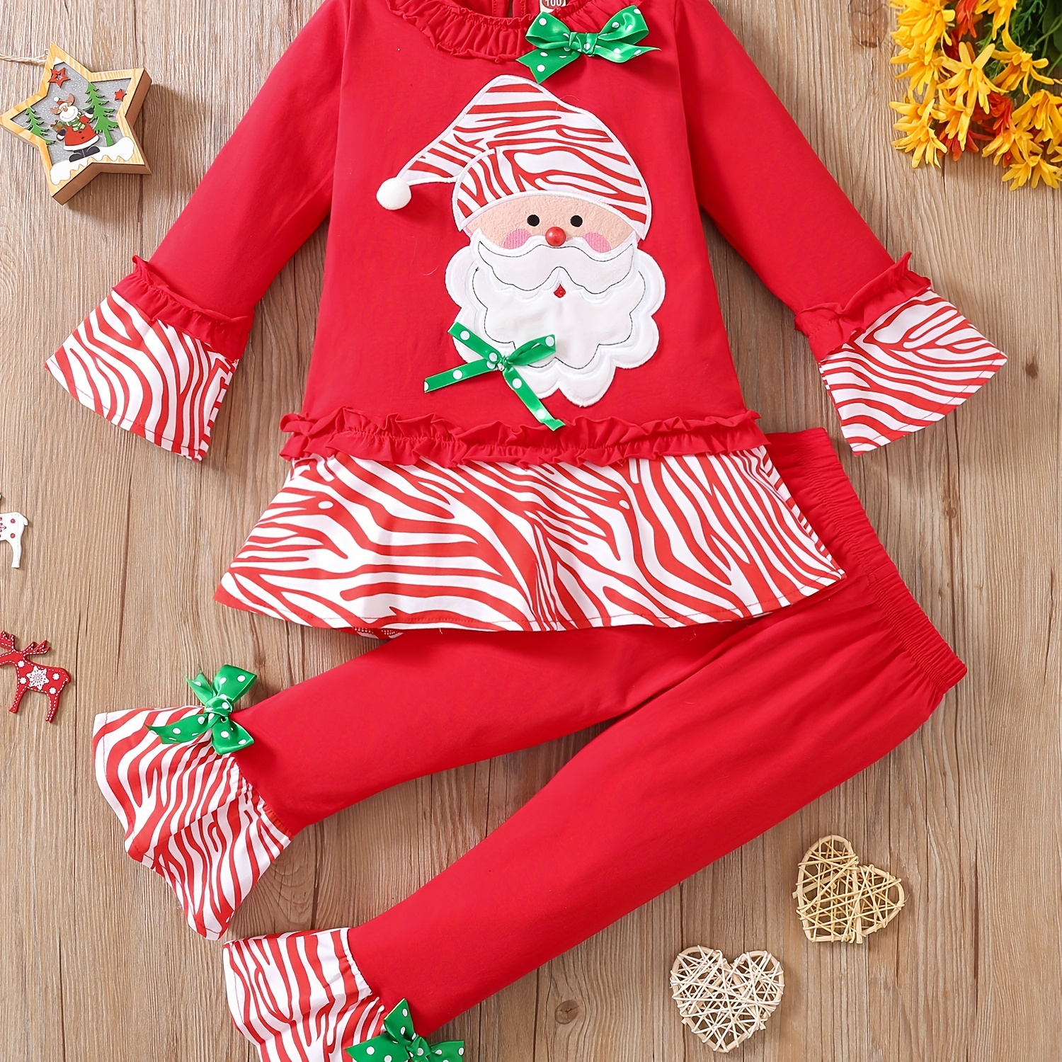 Girls' Christmas Santa Claus Embroidered Flared Pants Set Red Long Sleeve  Top with Santa Hat Green Accents, Matching Flared Pants, Casual Fall Out