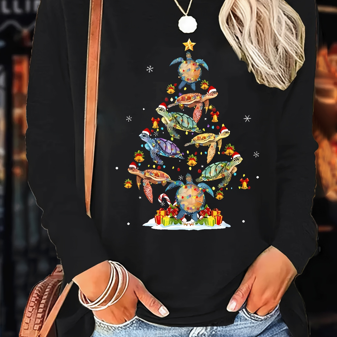 

Women's Christmas Tree And Print Long Sleeve Crew Neck T-shirt - 95% Polyester 5% Spandex Knit Fabric With Slight Stretch, Comfortable Breathable Casual Party Top For All