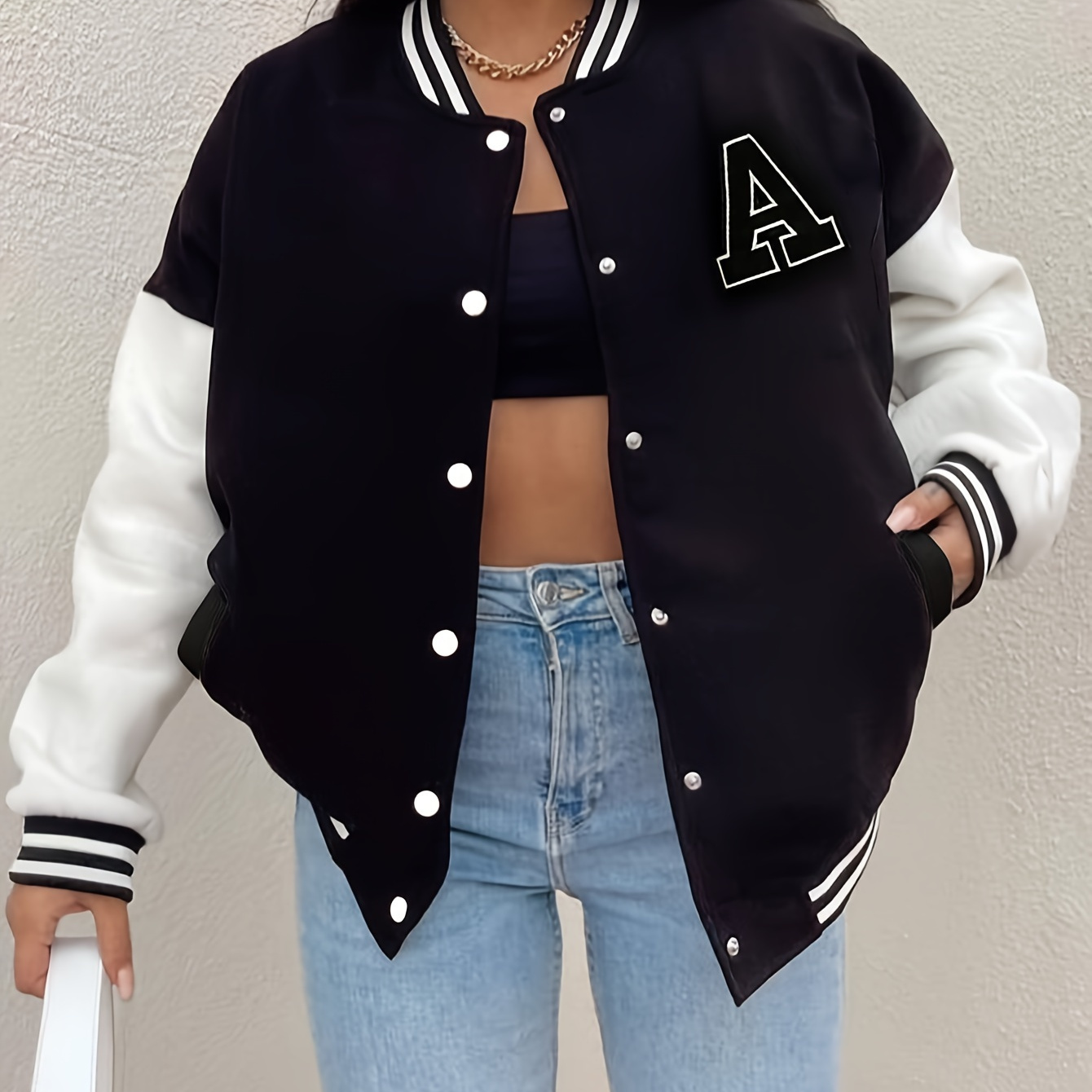 

Color Block Letter Print Bomber Jacket, Casual Crop Button Front Pockets Jacket, Women's Clothing