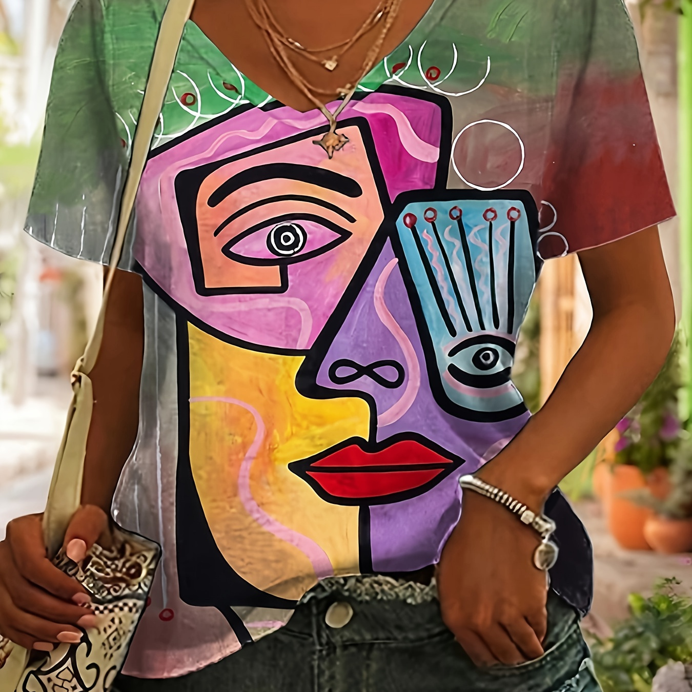 

T-Shirt Imprimé Figure Abstraite, T-Shirt À Col En V Décontracté À Manches Courtes Pour Le Printemps Et L'Été, Vêtements Pour Femmes