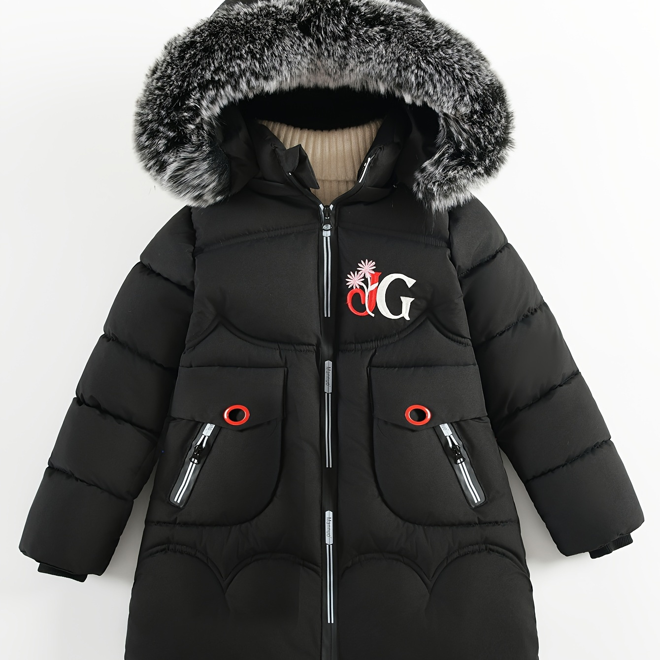 

Girls Cute Furry Hooded Parka Jacket, Long Sleeve Pockets Warm Padded Coat For Winter/ Fall Outdoor Activities