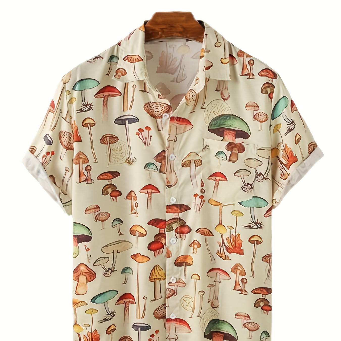 Fashion Trendy Men's Summer Lapel Mushroom Print Short Sleeve Beach Shirt,For Suffering In Summer