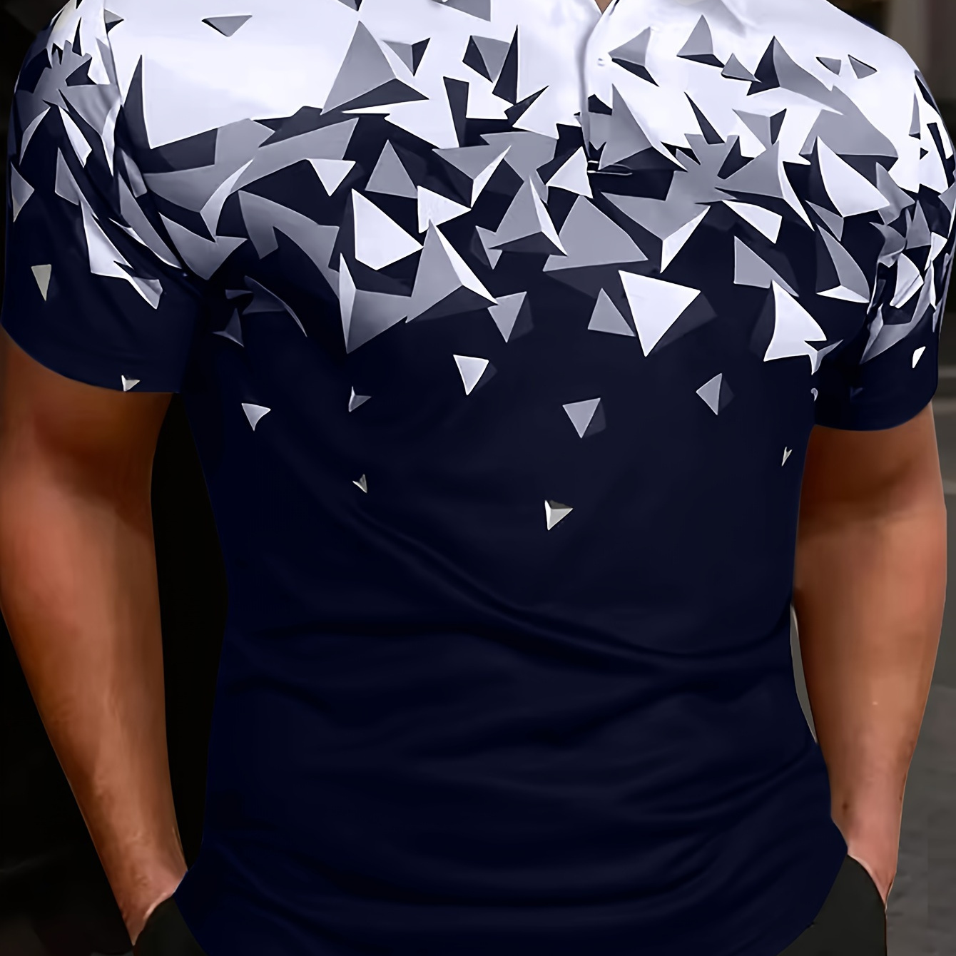 

Men's Color Matching Geometric Graphic Print Golf Shirt, Casual Short Sleeve Lapel Shirt For Summer Outdoor
