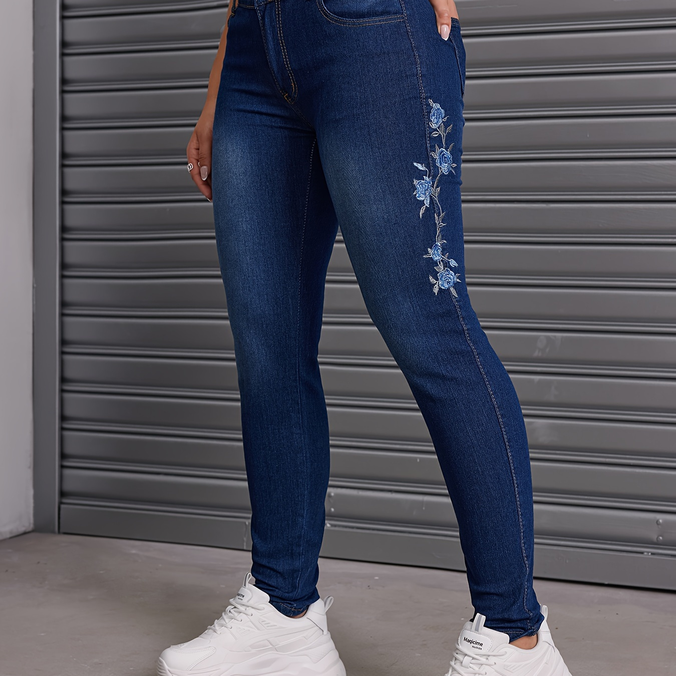 

Blue Floral Embroidery High Rise Stacked Skinny Jeans, Stretchy High Waist Tight Fit Denim Pants, Women's Denim Jeans & Clothing